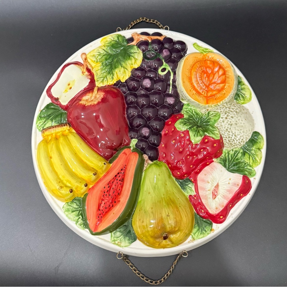 Vintage KMC MidMod Ceramic Embossed Fruits Fruit Platter 11” Round Wall Decor